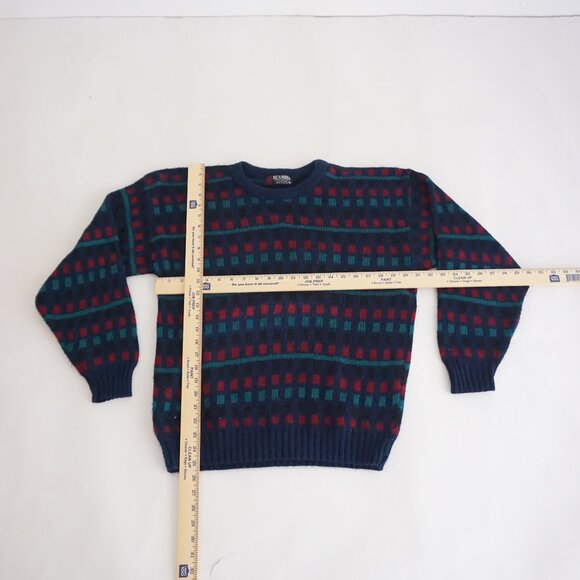 Vintage Scandia Navy Teal Red Wool Patterned Crewneck Sweater Retro Eclectic M - Picture 3 of 9